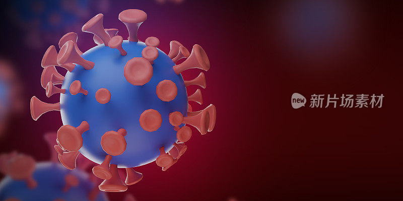 3D渲染病毒Covid -19和带有复制空间的RNA病毒，冠状病毒，Covid - 19-NCP。冠状病毒nCoV在红色背景下分离。3 d演示。